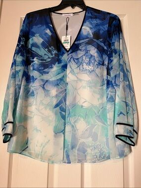 Calvin Klein Blue & Teal Floral V-Neck Sheer Blouse
